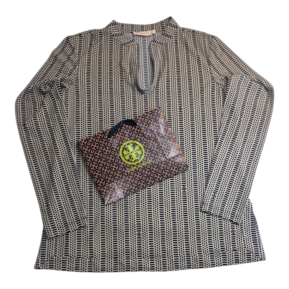Tory Burch Long-sleeved Tunic Blouse geometric design and the iconic logo Size M